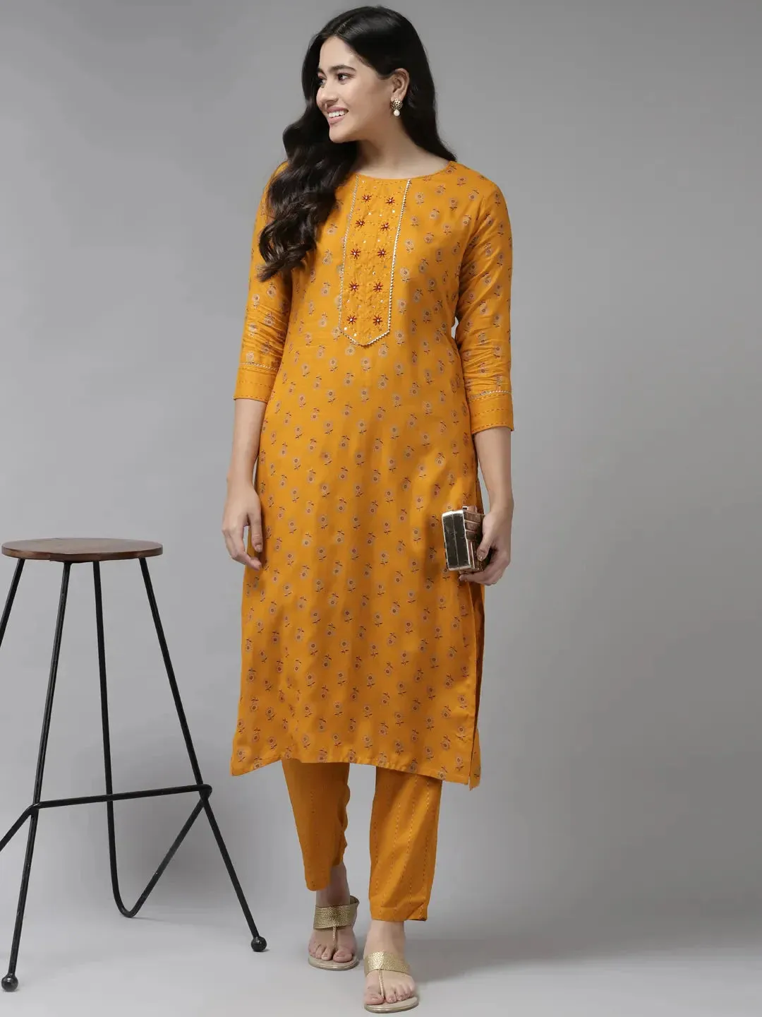 Mustard Yoke Design Kurta Set