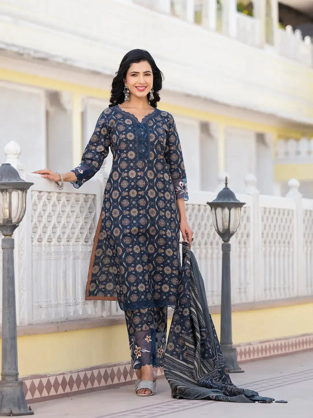 Navy Blue Ethnic Motifs Pakistani Style Kurta Trouser And Dupatta Set