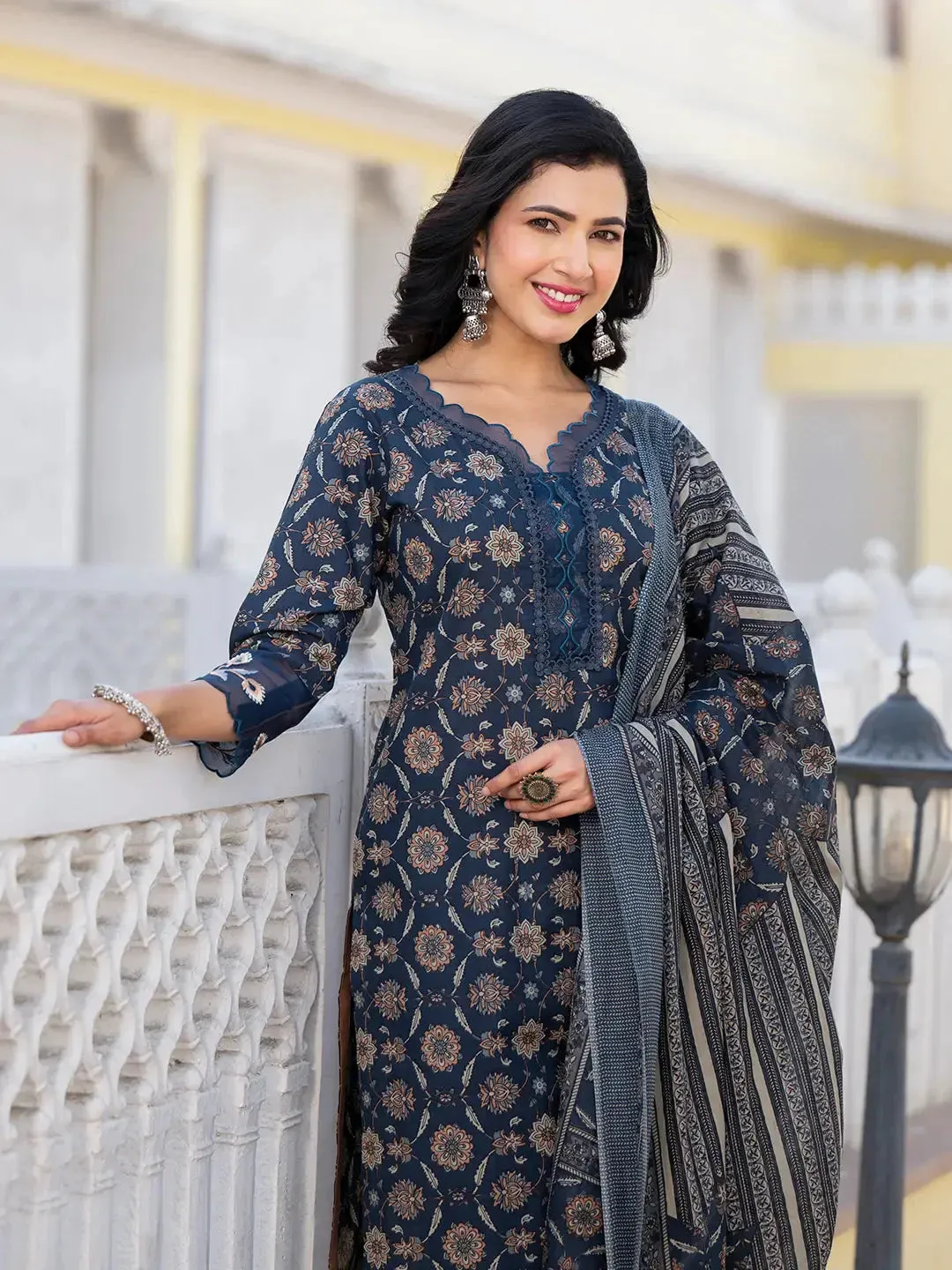 Navy Blue Ethnic Motifs Pakistani Style Kurta Trouser And Dupatta Set