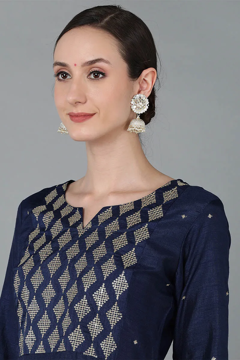 Navy Blue Silk Blend Yoke Design Solid Kurta Trousers With Dupatta