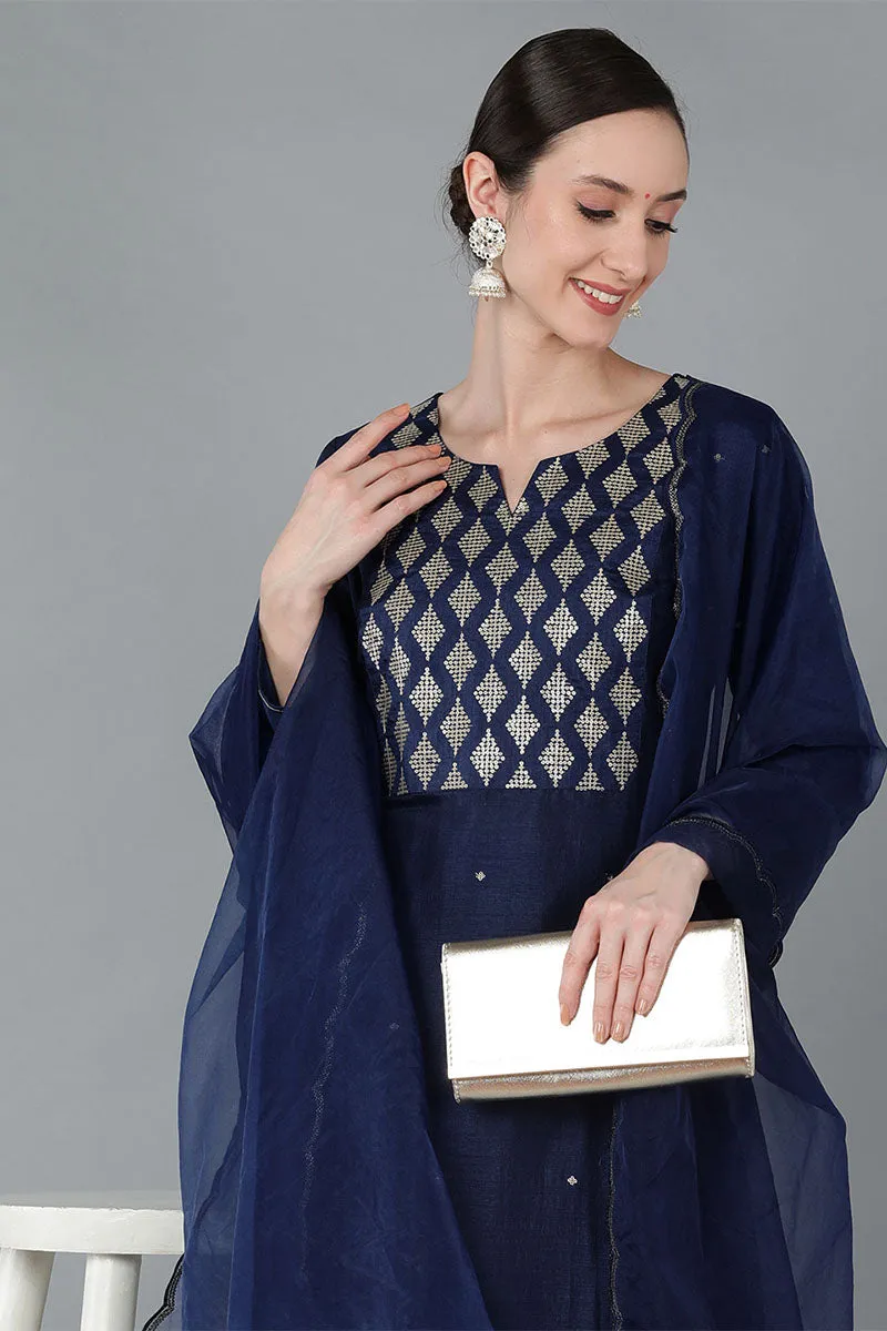 Navy Blue Silk Blend Yoke Design Solid Kurta Trousers With Dupatta