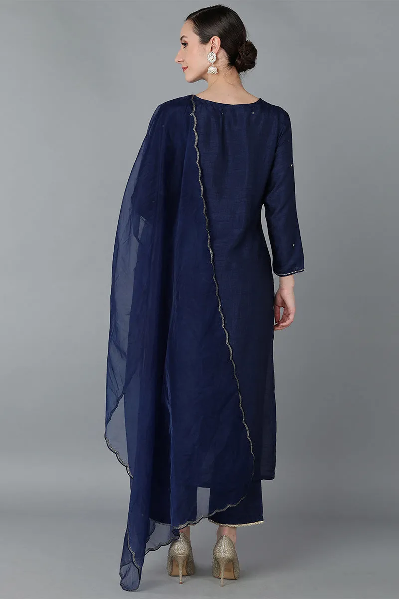 Navy Blue Silk Blend Yoke Design Solid Kurta Trousers With Dupatta