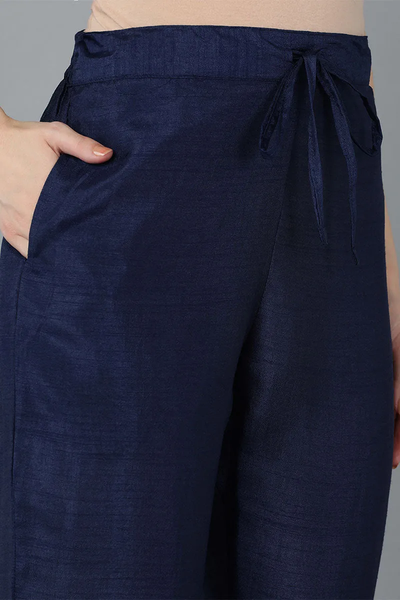 Navy Blue Silk Blend Yoke Design Solid Kurta Trousers With Dupatta