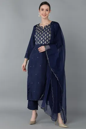 Navy Blue Silk Blend Yoke Design Solid Kurta Trousers With Dupatta