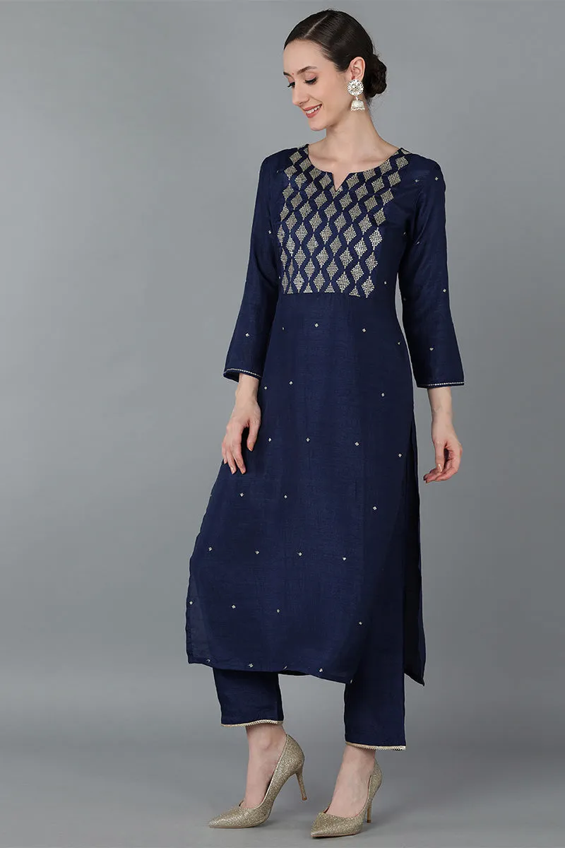 Navy Blue Silk Blend Yoke Design Solid Kurta Trousers With Dupatta