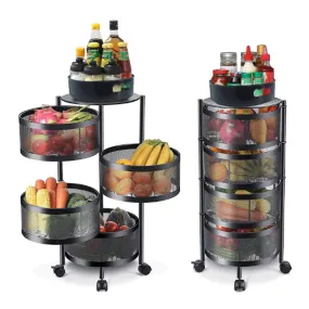 (Net) 4 Layer Round Basket Kitchen Rotating Storage Rack Storage Rack Fruit Vegetables Metal Storage Cages With Wheels Cart