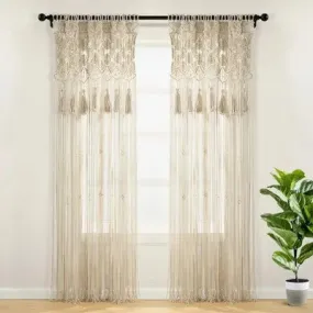 New - 1pc 40"x84" Light Filtering Boho Macrame Tassel Curtain Panel Tan - Lush Décor