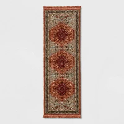 NEW - 2'4"x7' Floral Woven Runner Rug Rust/Green - Threshold