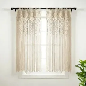 New - 63"x40" Boho Macrame Textured Cotton Window Curtain Panel Neutral - Lush Décor