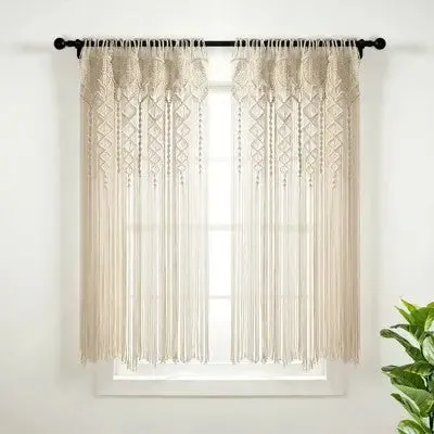 New - 63"x40" Boho Macrame Textured Cotton Window Curtain Panel Neutral - Lush Décor