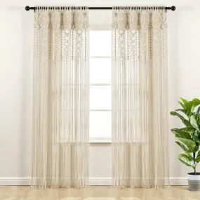 New - 84"x40" Boho Macrame Sheer Window Curtain Panel Neutral - Lush Décor