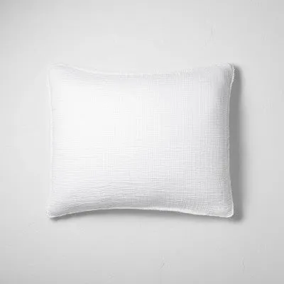 New - Casaluna Pillow Sham Cotton Chambray OEKO-TEX Bohemian Fringed, White, King