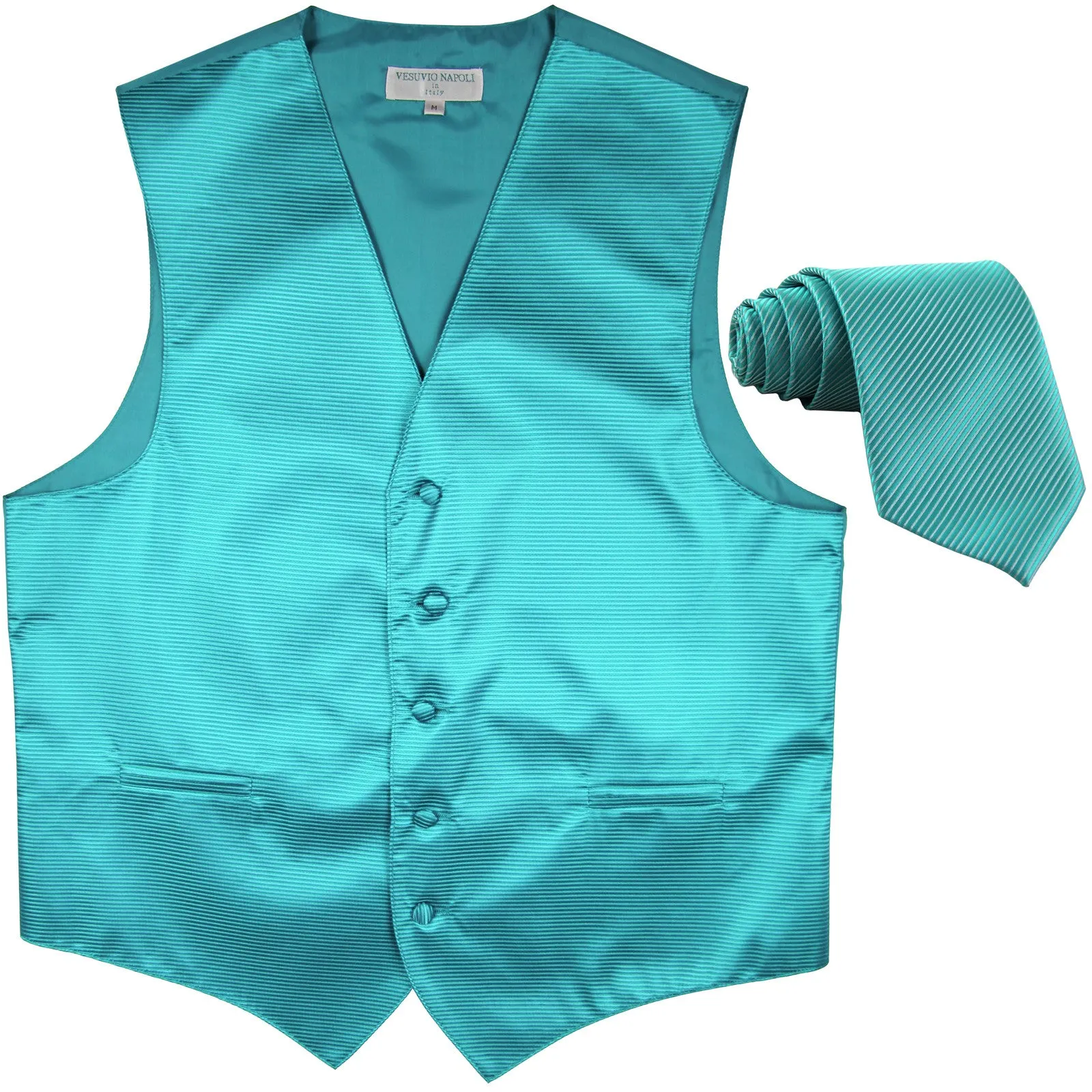 New formal men's tuxedo vest waistcoat & necktie horizontal stripes prom turquoise