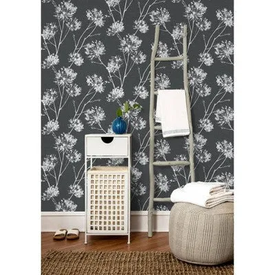 NEW - NextWall One O'Clock Botanical Peel and Stick Wallpaper Charcoal Gray