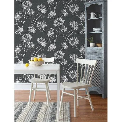 NEW - NextWall One O'Clock Botanical Peel and Stick Wallpaper Charcoal Gray