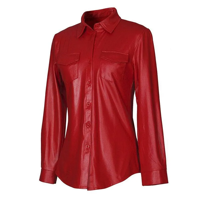 Nightclub Women's Genuine Leather Buttoned Long Sleeve Shirt