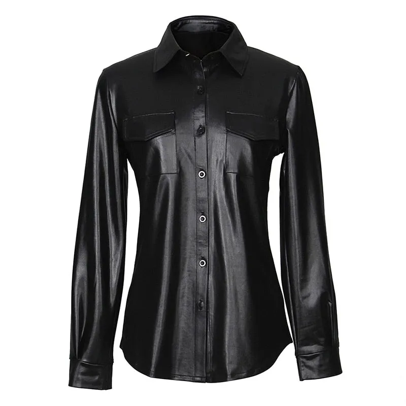 Nightclub Women's Genuine Leather Buttoned Long Sleeve Shirt