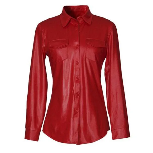 Nightclub Women's Genuine Leather Buttoned Long Sleeve Shirt