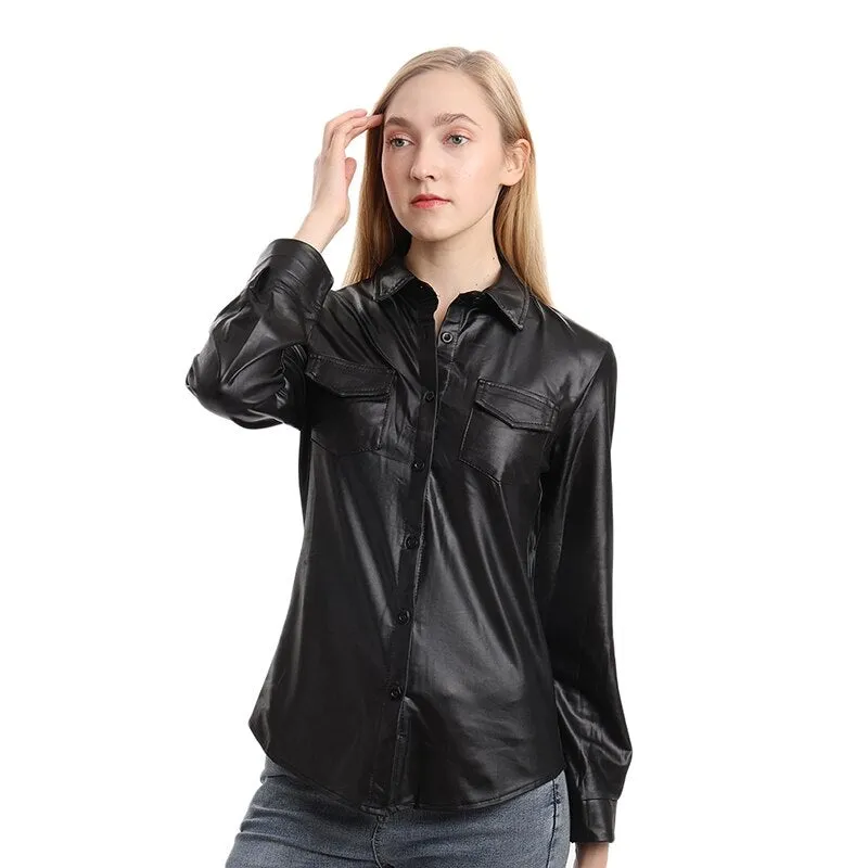 Nightclub Women's Genuine Leather Buttoned Long Sleeve Shirt