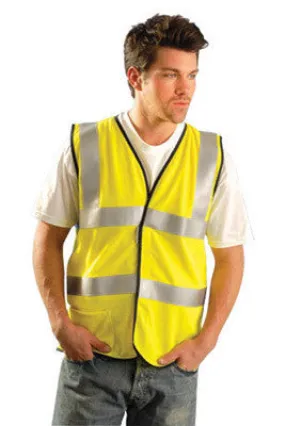 OccuNomix 2X Hi-Viz Yellow OccuLux Premium Flame Resistant Modacrylic Mesh Class 2 Dual Stripe Vest With Front Hook And Loop Closure, 3M Scotchlite 2" Silver Reflective Tape,