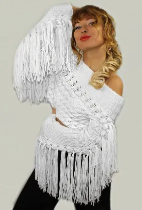 Off shoulder White Wool HandKnitted Designer Bohemian sweater with Fringe