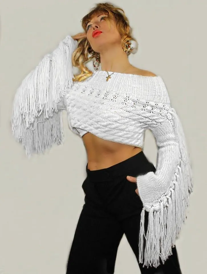 Off shoulder White Wool HandKnitted Designer Bohemian sweater with Fringe