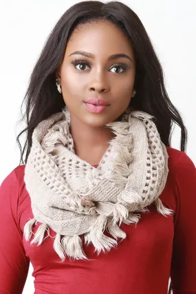 Open Knit Tassel Hem Infinity Scarf