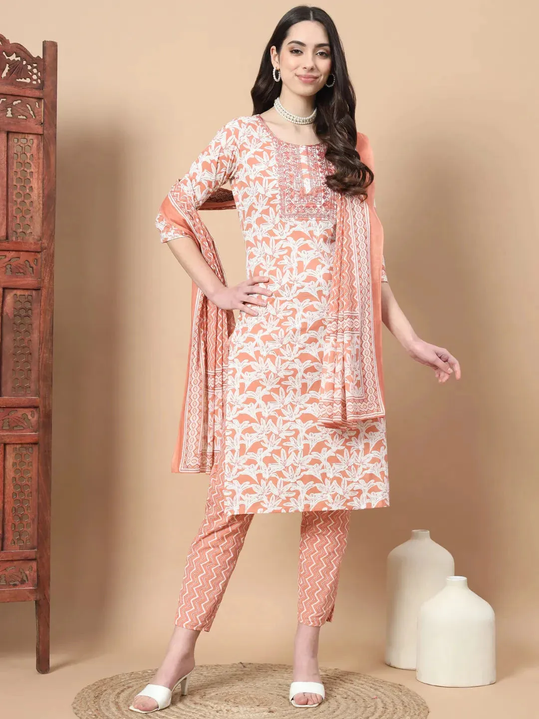 Orange Floral,Sequins_Work Straight Kurta Trouser And Dupatta Set