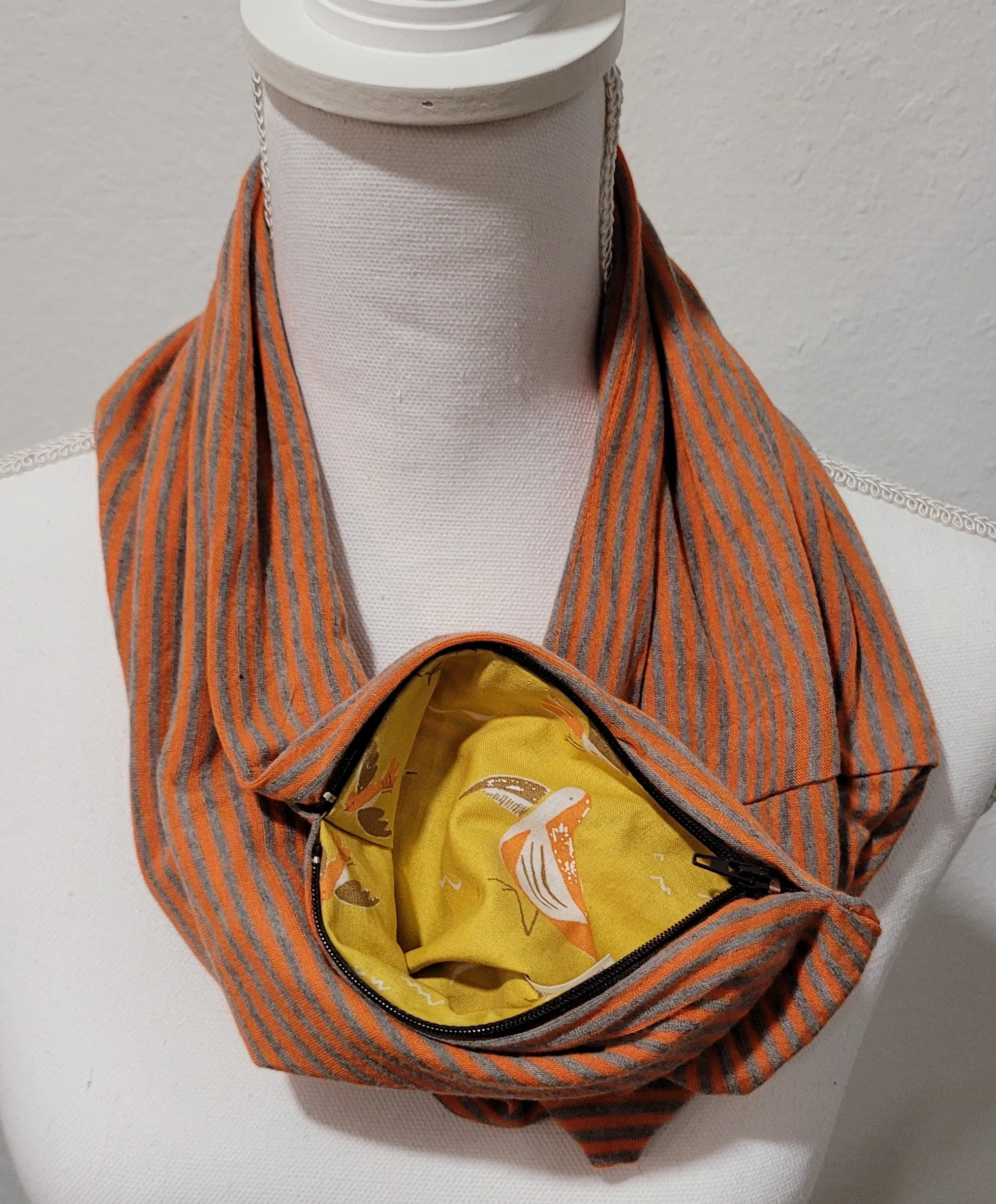 Orange Stripe Infinity Scarf with Hidden Zipper Pocket