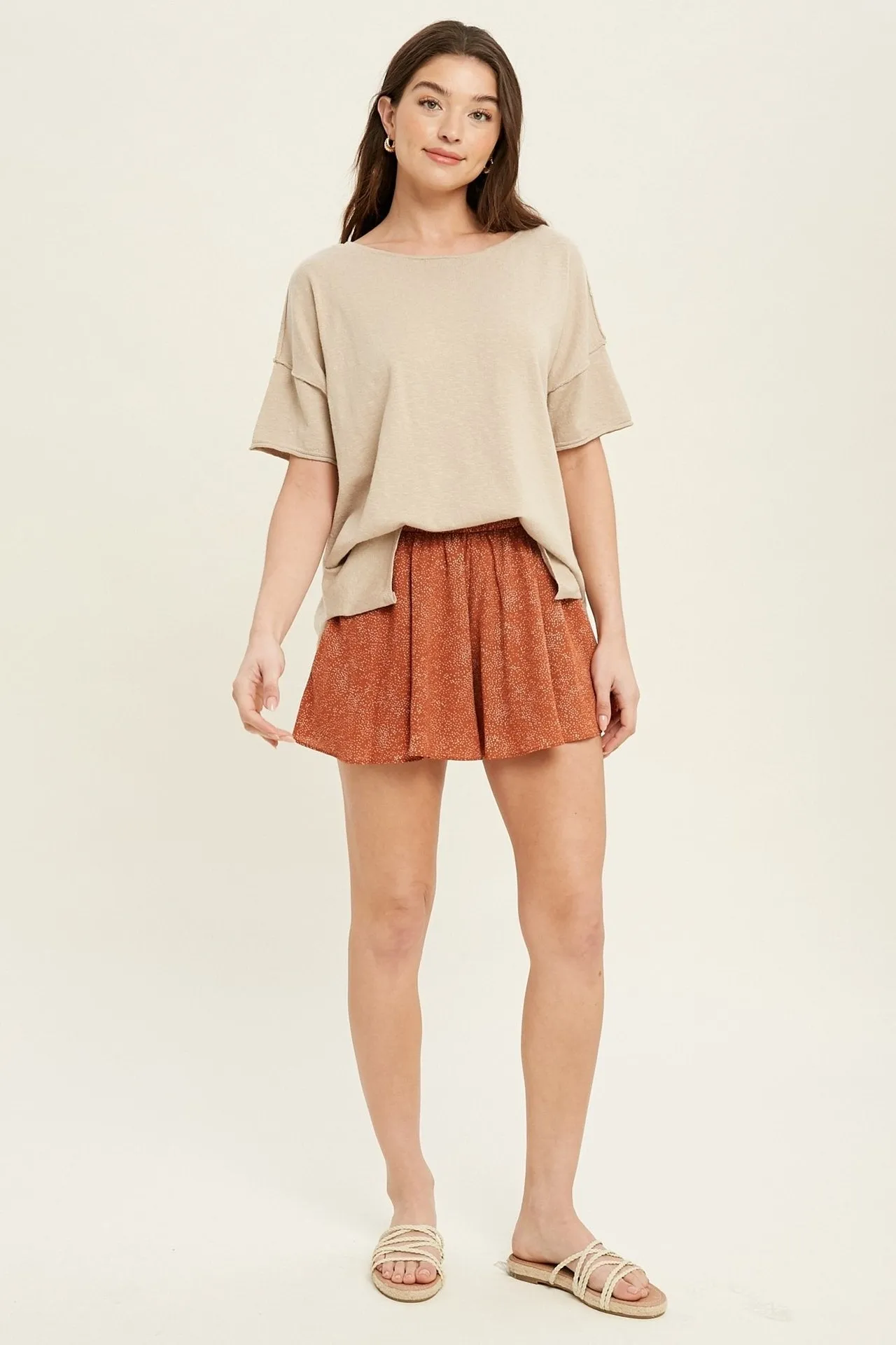 Oversized drop shoulder slub knit top with side slit detail