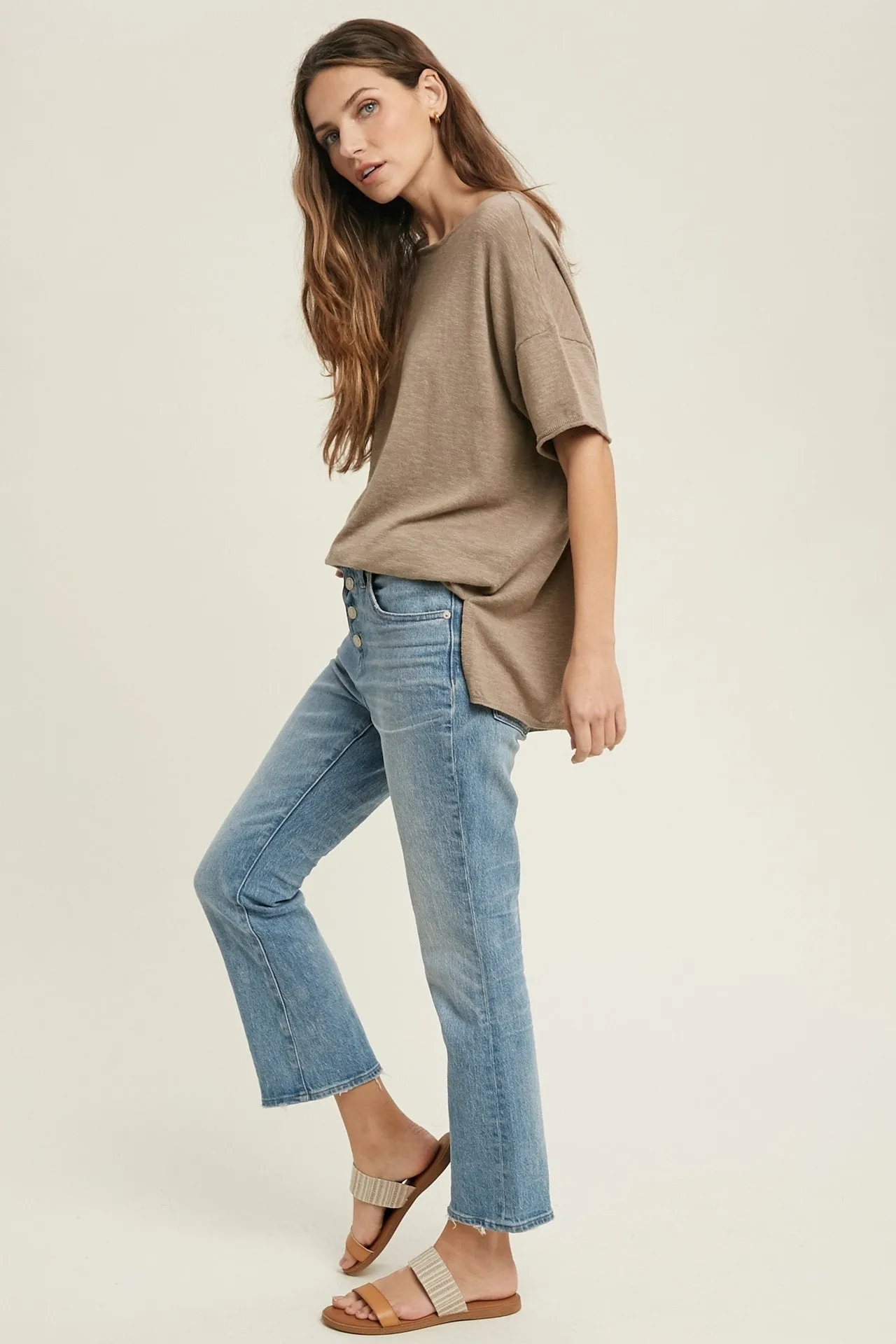 Oversized drop shoulder slub knit top with side slit detail