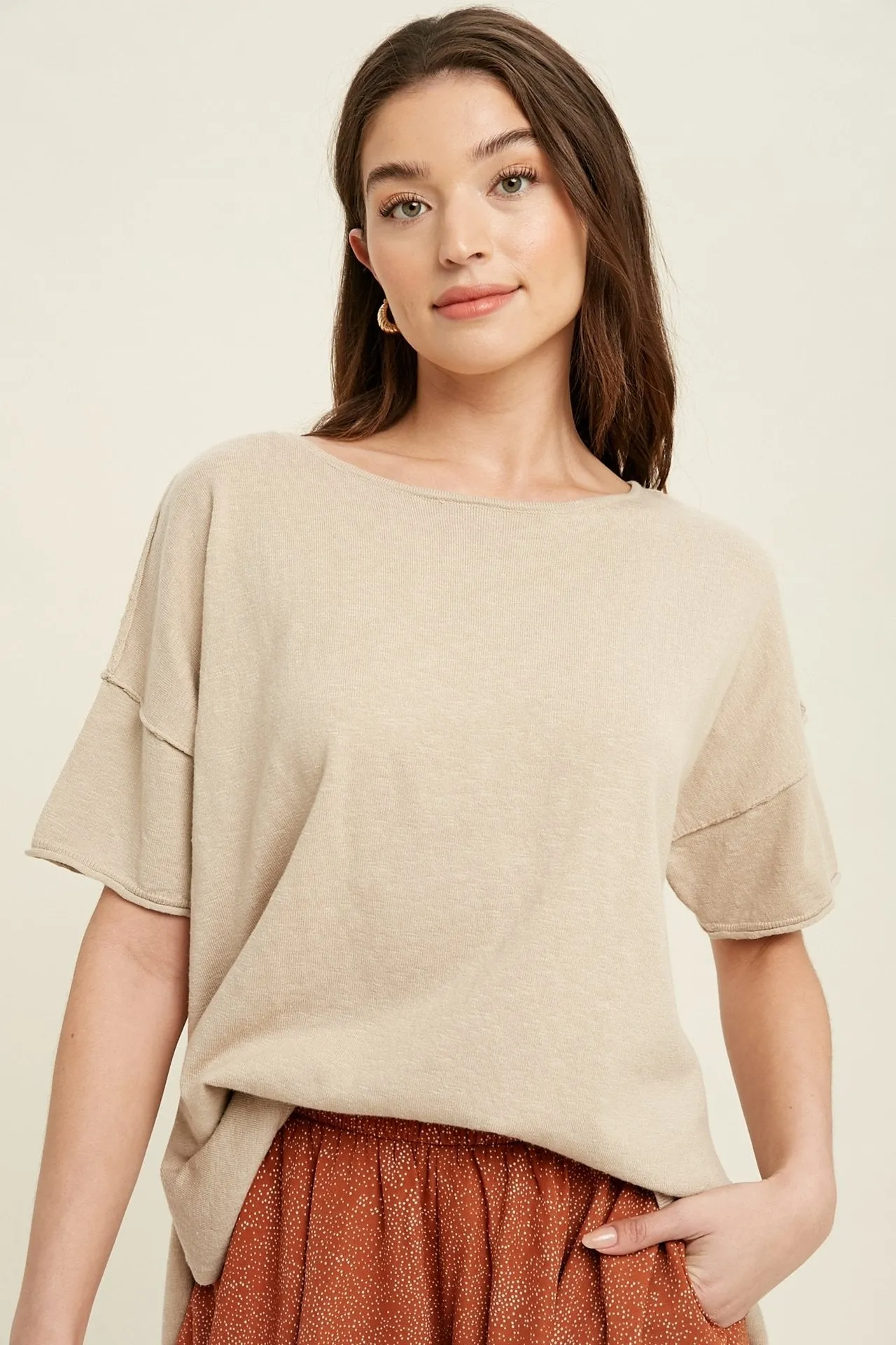 Oversized drop shoulder slub knit top with side slit detail