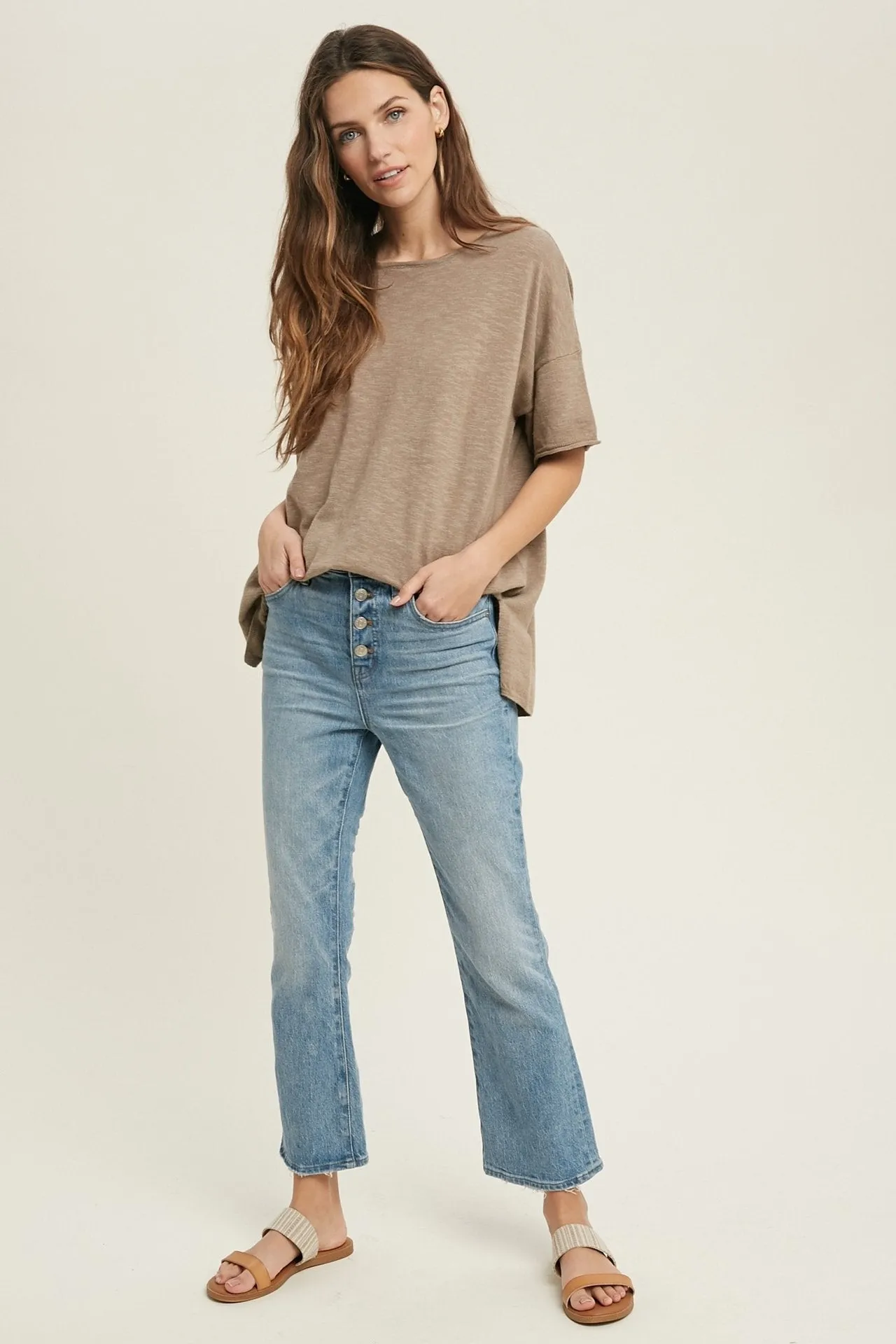 Oversized drop shoulder slub knit top with side slit detail