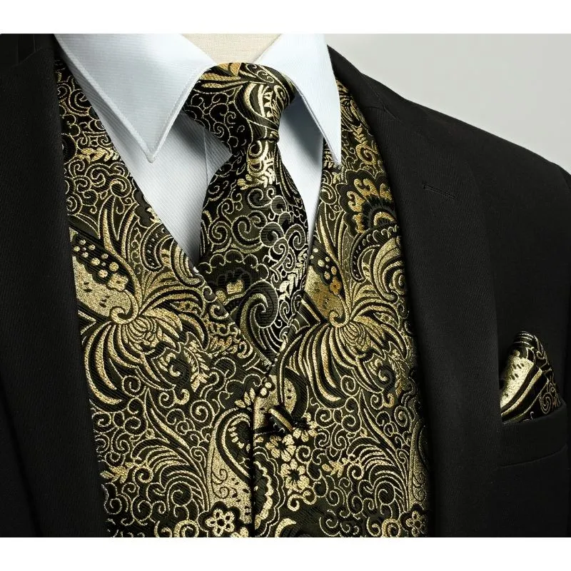 Paisley Floral 3pc Suit Vest Set - GOLD/BLACK