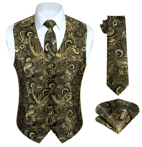 Paisley Floral 3pc Suit Vest Set - GOLD/BLACK