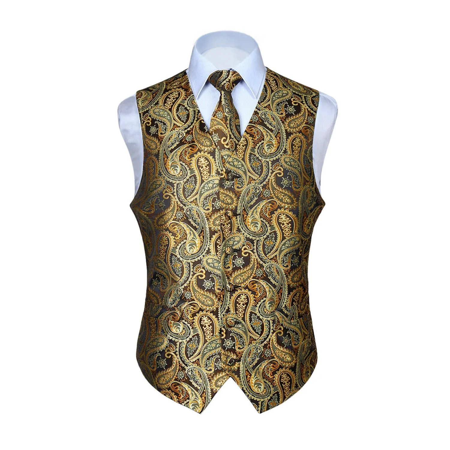 Paisley Suit Vest Tie Handkerchief Set - GOLD