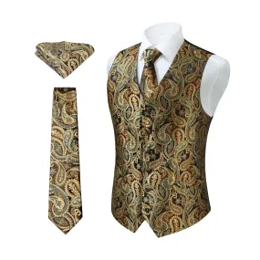 Paisley Suit Vest Tie Handkerchief Set - GOLD