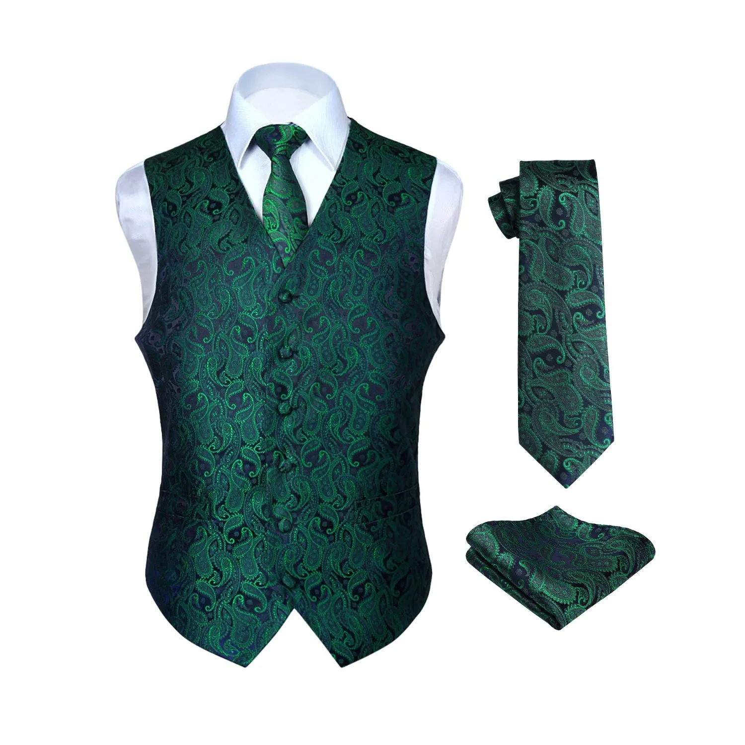 Paisley Suit Vest Tie Handkerchief Set - GREEN/PURPLE