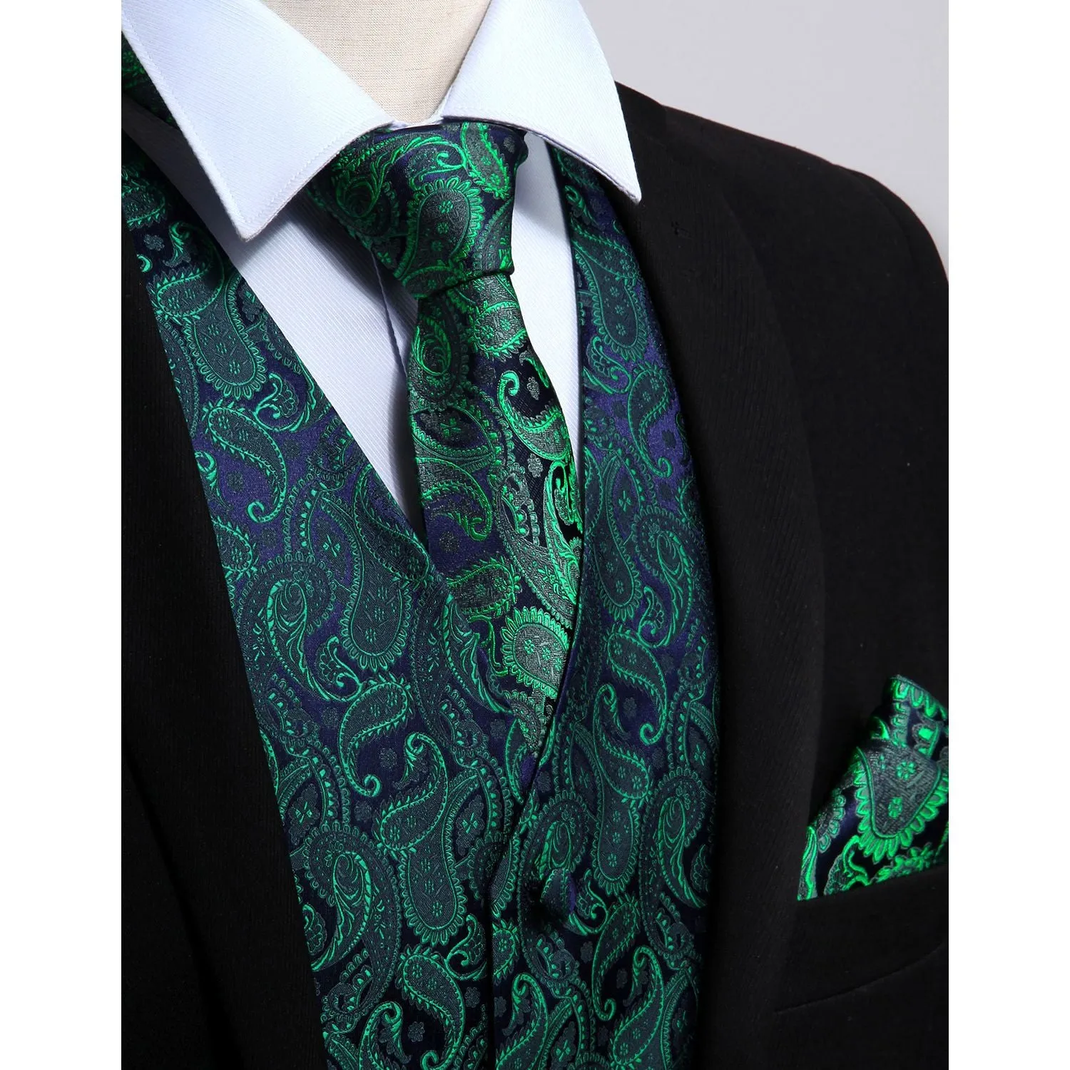 Paisley Suit Vest Tie Handkerchief Set - GREEN/PURPLE