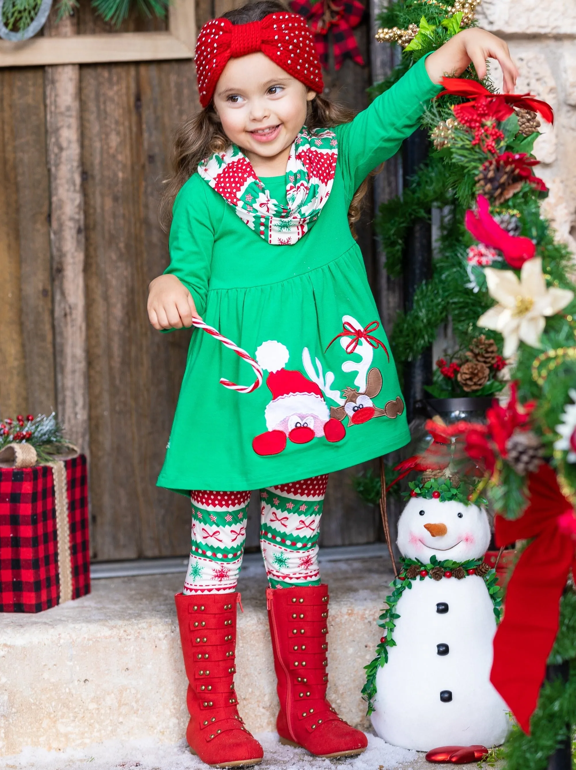 Peekaboo Santa Tunic, Scarf, And Legging Set