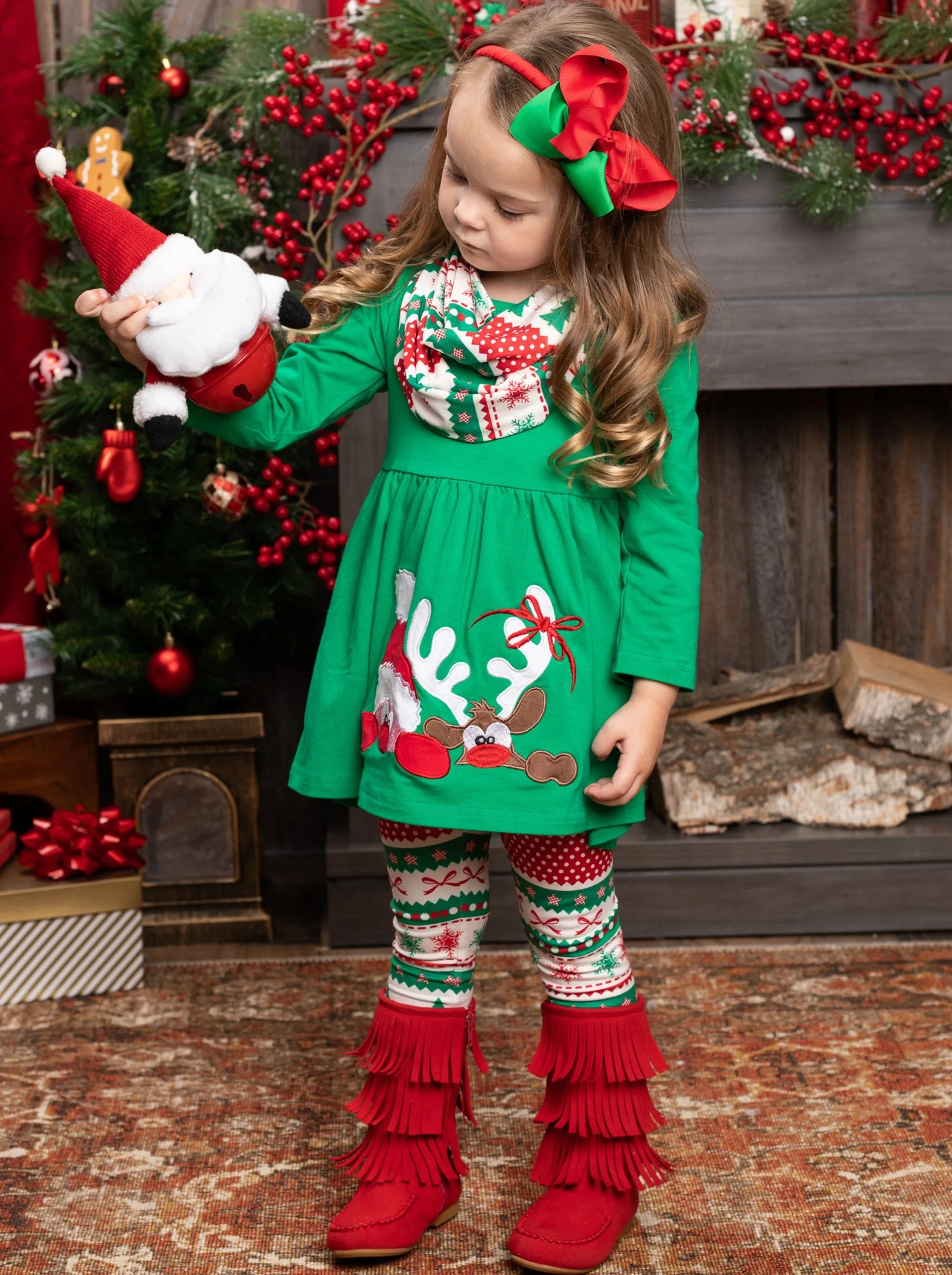 Peekaboo Santa Tunic, Scarf, And Legging Set