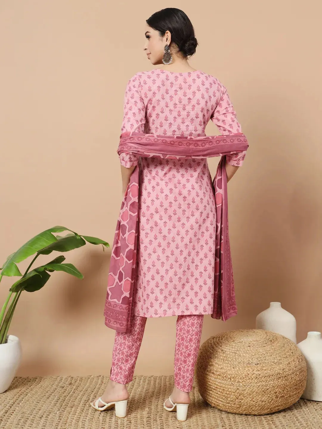 Pink Block Print,Thread_Work Straight Kurta Trouser And Dupatta Set