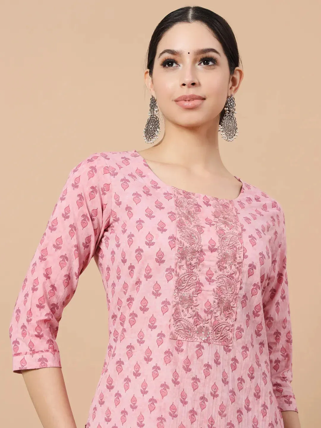 Pink Block Print,Thread_Work Straight Kurta Trouser And Dupatta Set