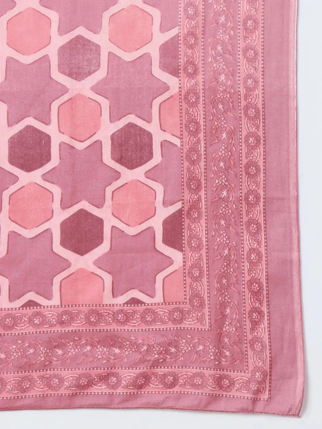 Pink Block Print,Thread_Work Straight Kurta Trouser And Dupatta Set