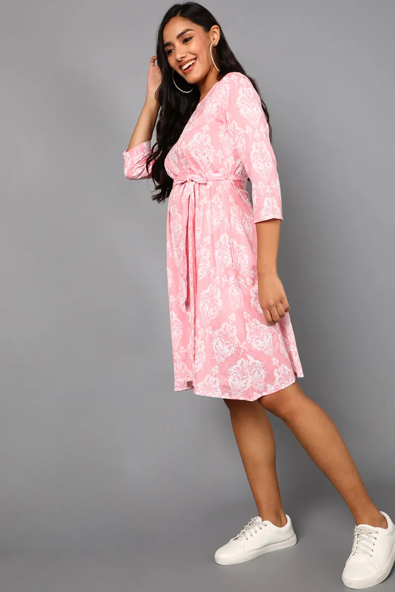 Pink Cotton Ethnic Motifs Midi Dress