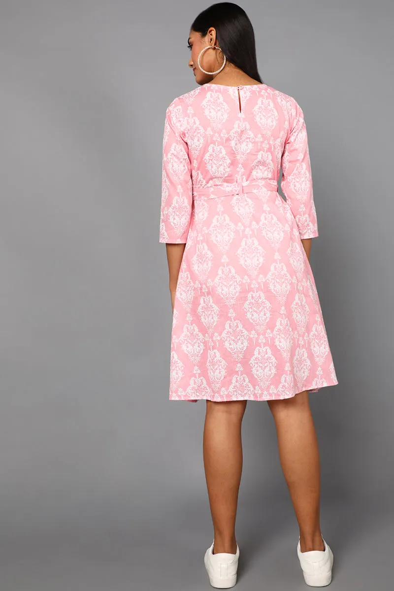 Pink Cotton Ethnic Motifs Midi Dress