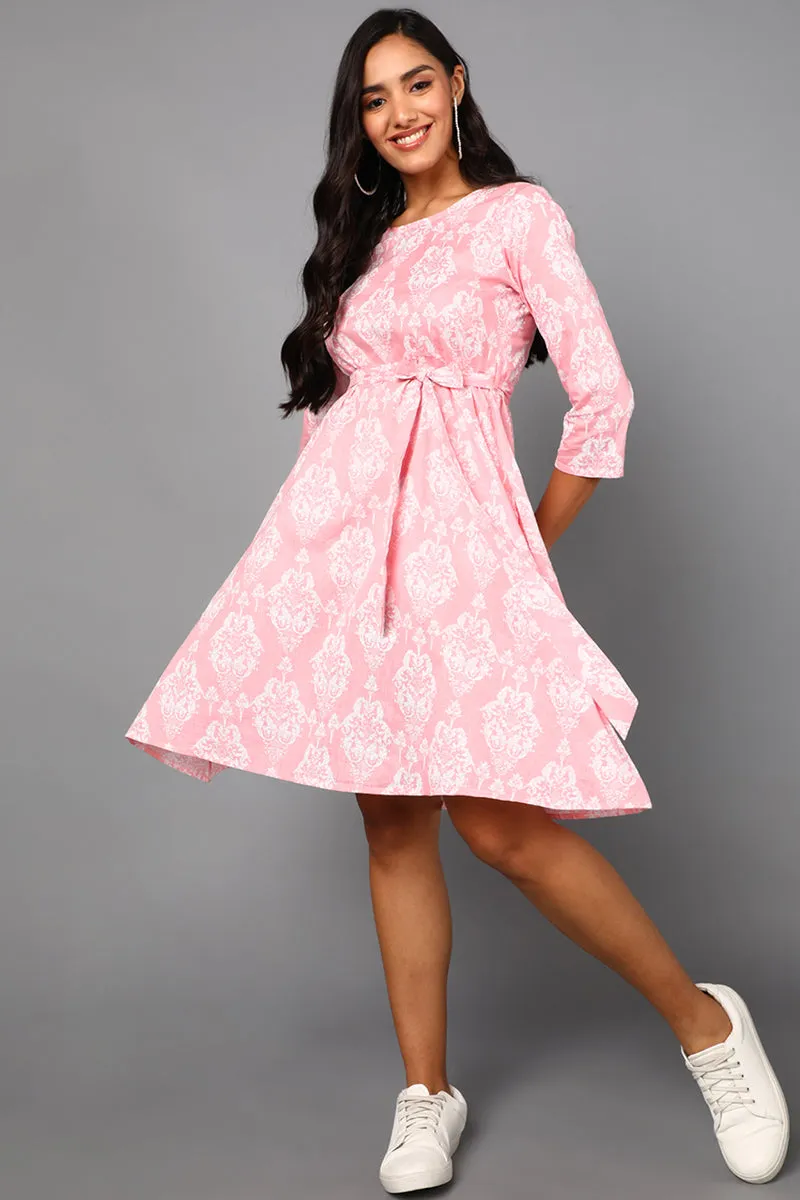 Pink Cotton Ethnic Motifs Midi Dress