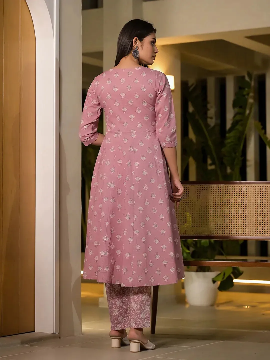 Pink Floral Print Cotton Anarkali Style Kurta With Trousers With Dupatta Set