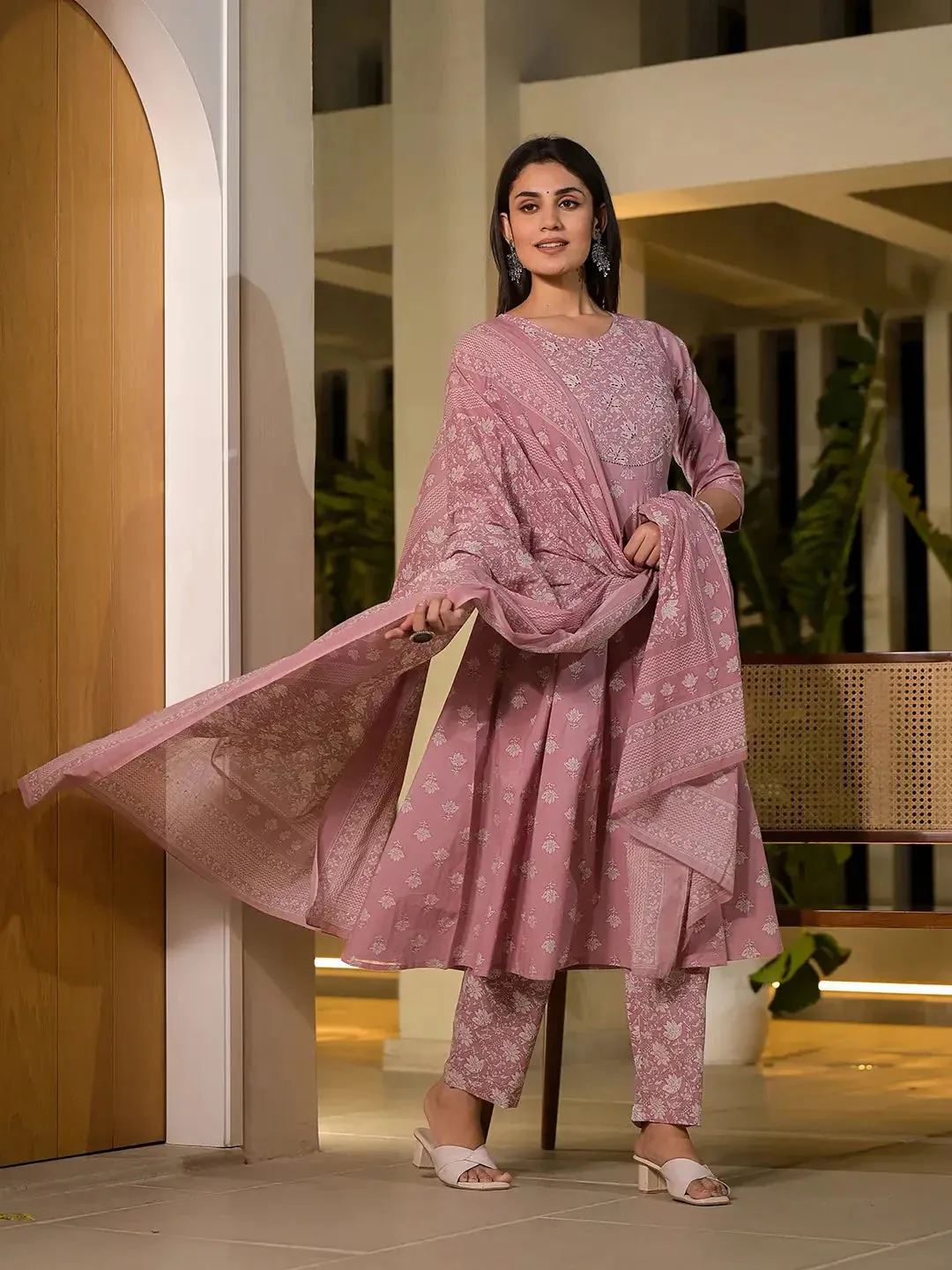 Pink Floral Print Cotton Anarkali Style Kurta With Trousers With Dupatta Set