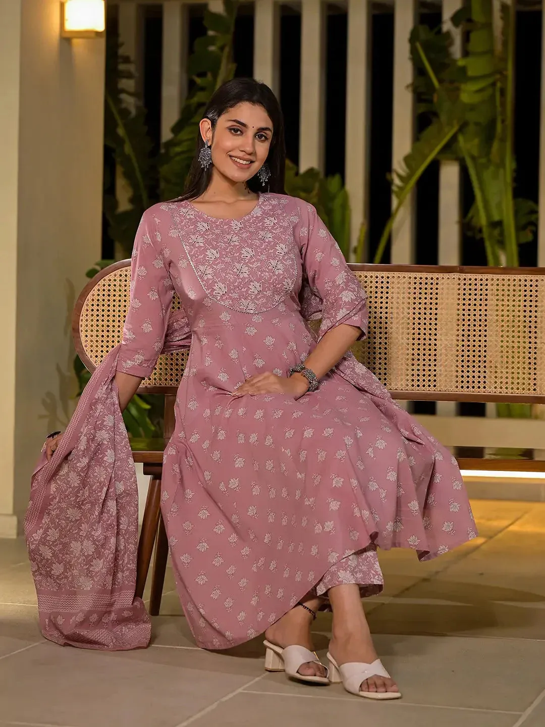 Pink Floral Print Cotton Anarkali Style Kurta With Trousers With Dupatta Set